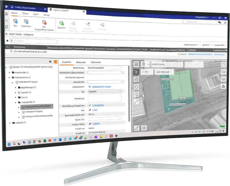 Mockup vom Bereich Außenanlangen des Moduls ASSET FACILITY in einem Curved Monitor