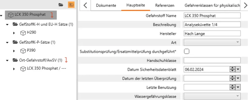 Dokumentation von Gefahrstoffen in Lovion ASSET WASTEWATER