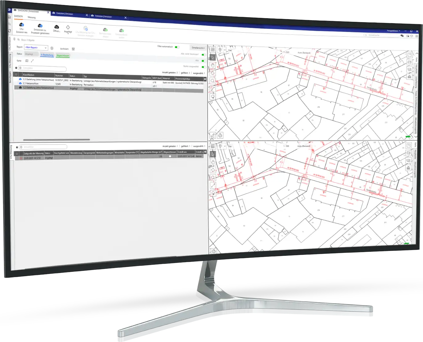 Mockup Bild von einem Curved Monitor mit Screenshot von Lovion EMISSION der eine Tabelle abbildet