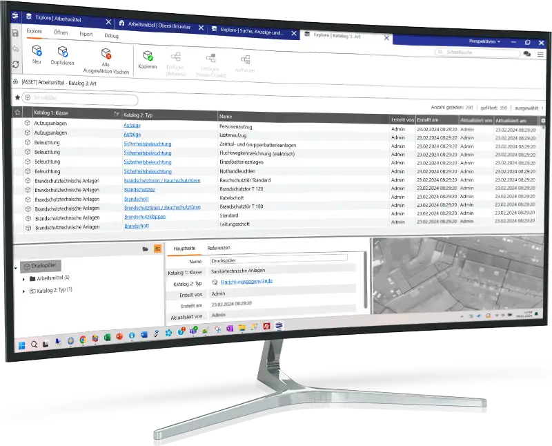 Mockup vom Bereich Klassifizierung des Moduls ASSET EQUIPMENTS in einem Curved Monitor